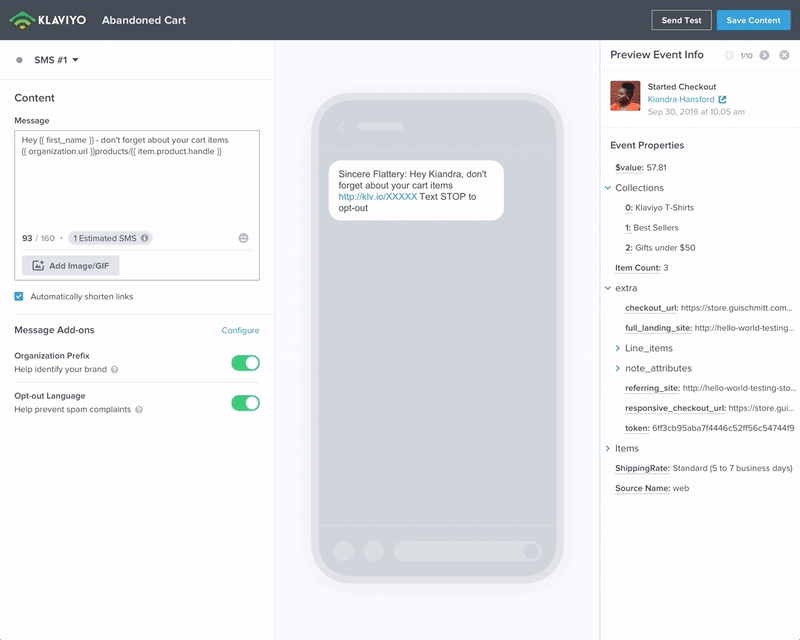SMS editor interaction with a phone message preview.