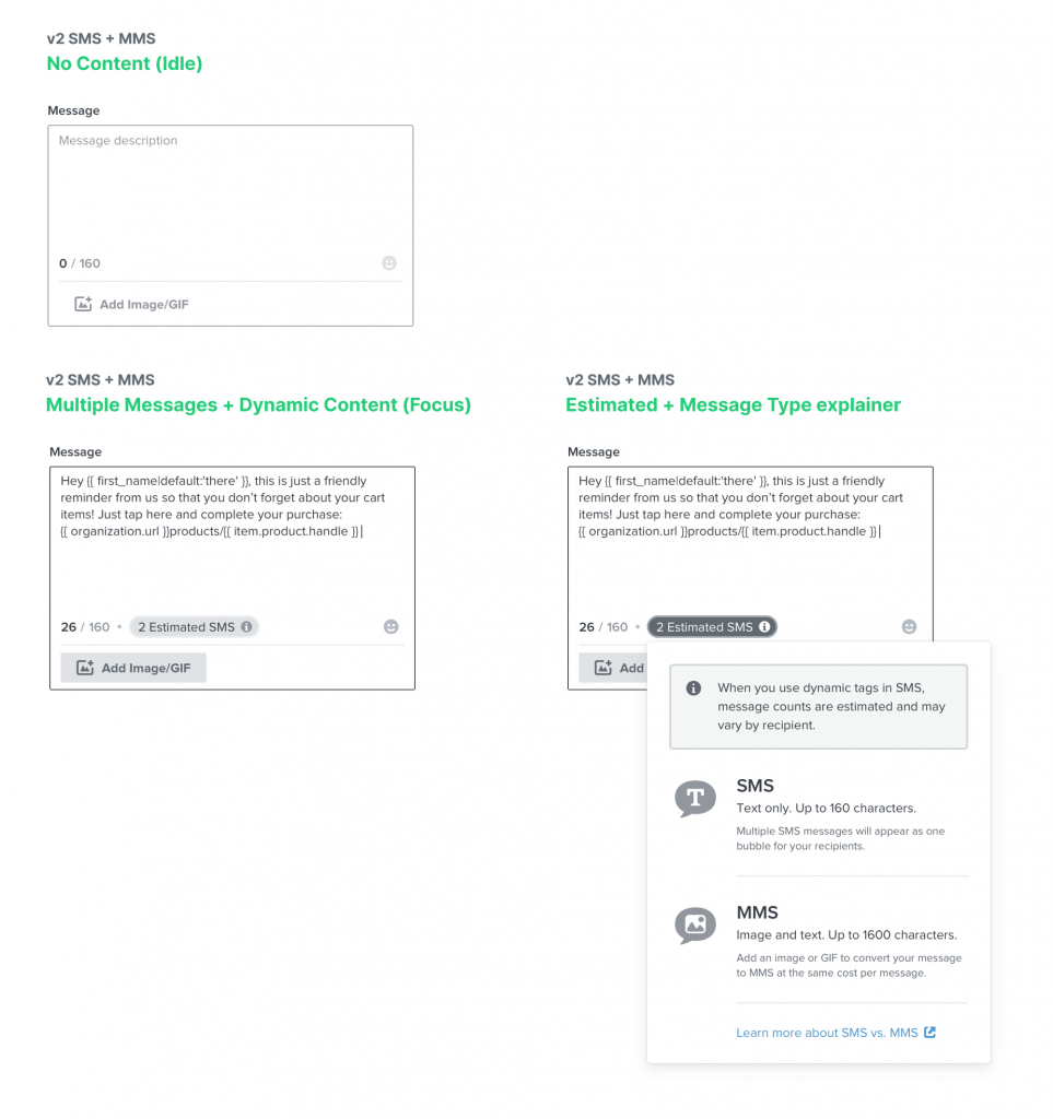 Annotated SMS interface specification showing controls and interaction states.