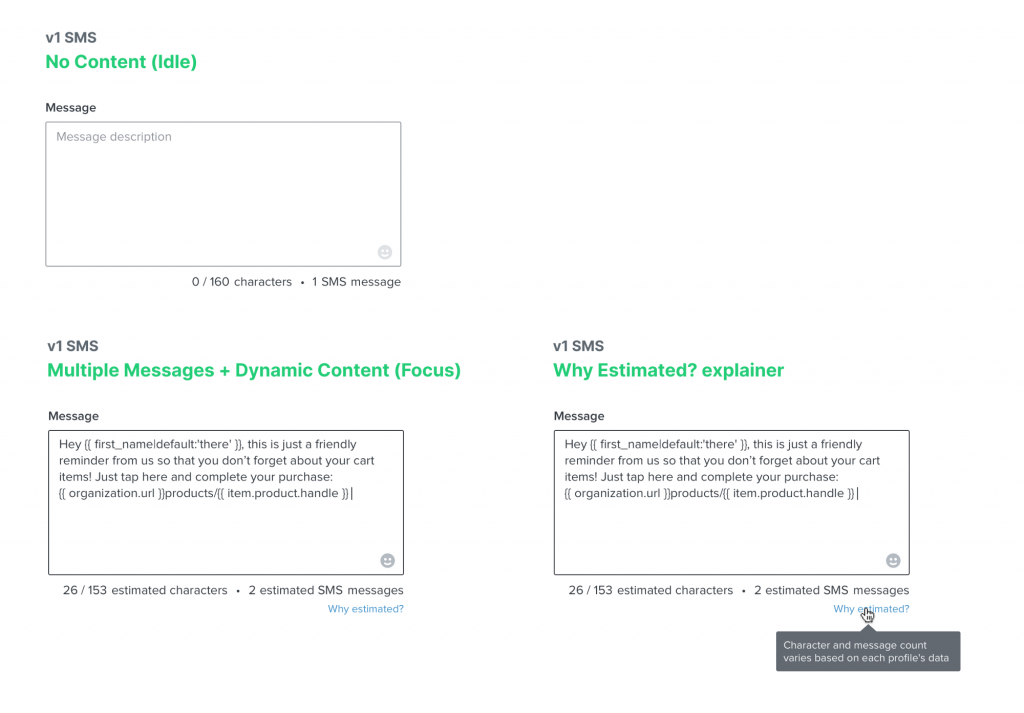 SMS configuration screen with message fields and explanatory annotations.