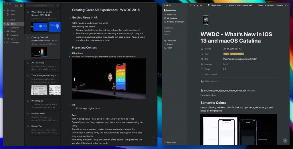 Bear and Notion shown side by side in dark mode.
