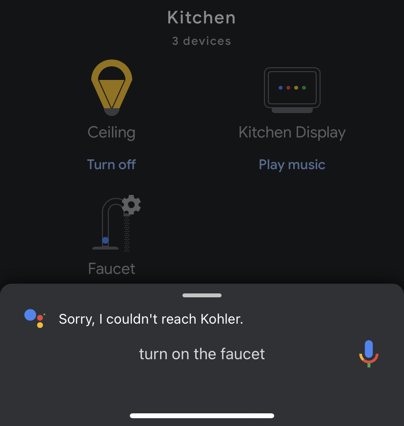 Kohler app displaying a connection error.