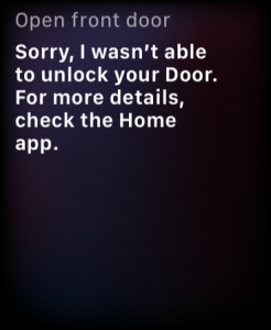 Smart-home error message saying the front door could not be unlocked.
