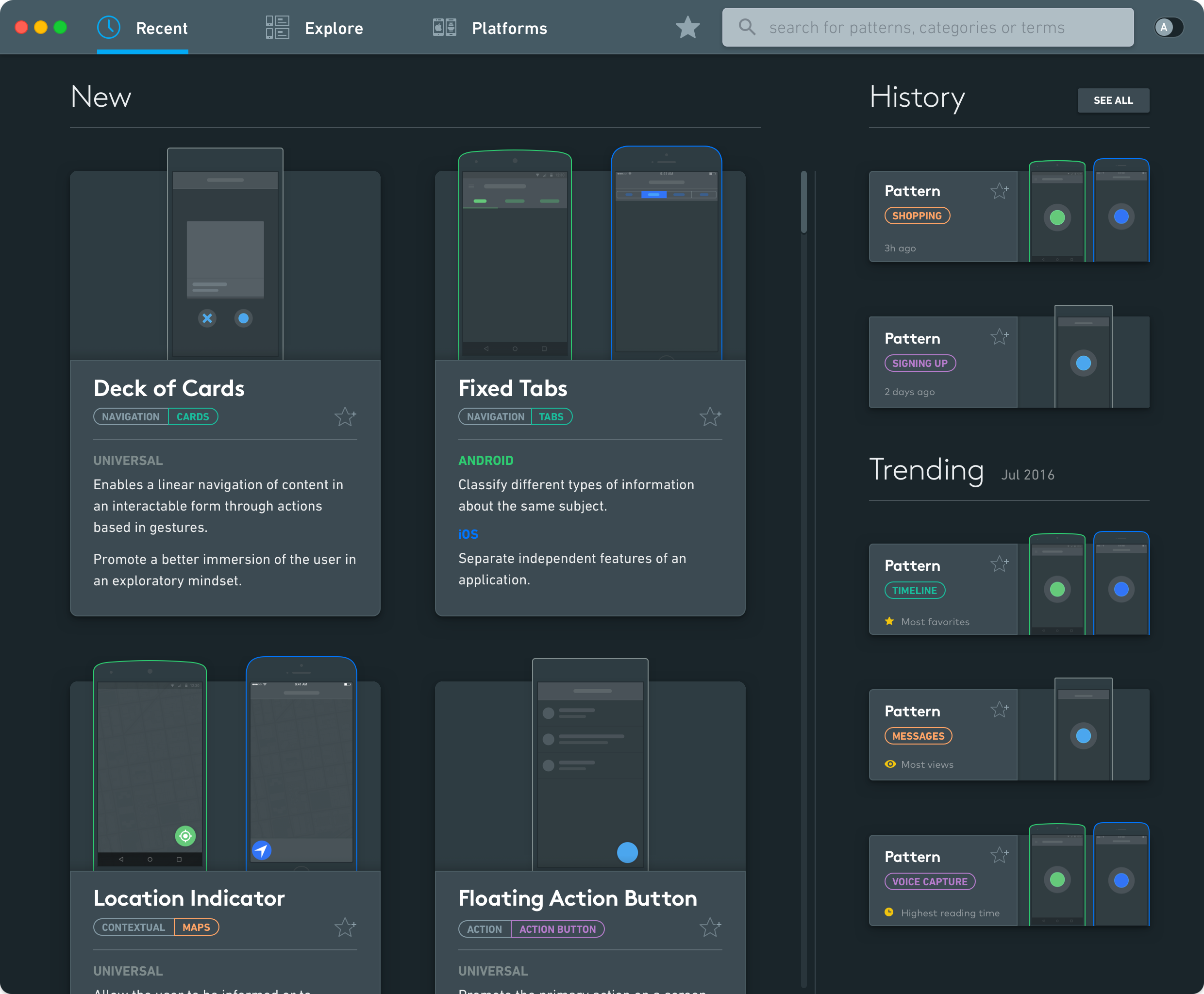 Recently viewed patterns in MUPA’s reference library.