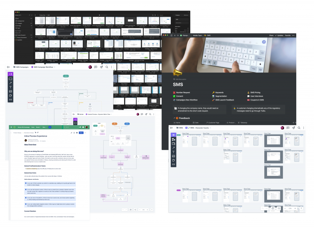 Compilation of SMS research, competitor interfaces, and design references.
