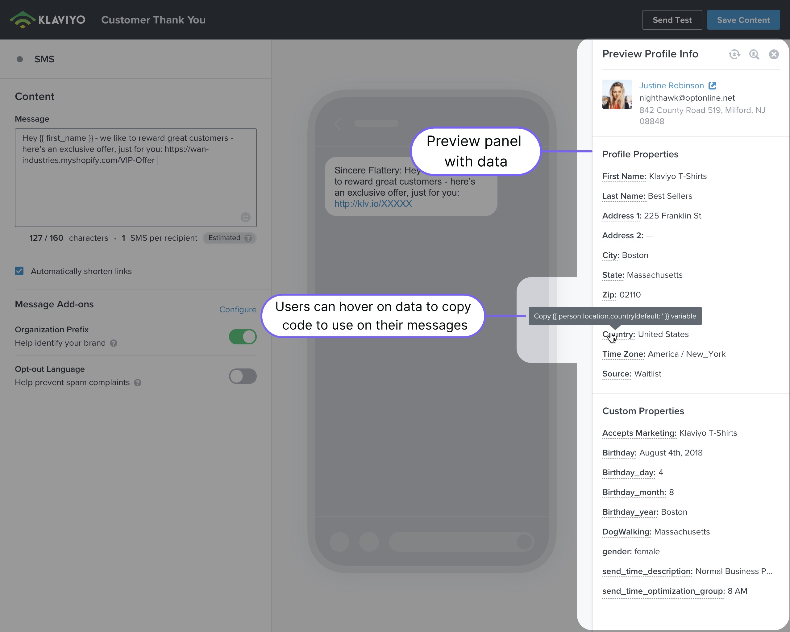 SMS reference UI: profile data with an annotated copy-on-hover snippet