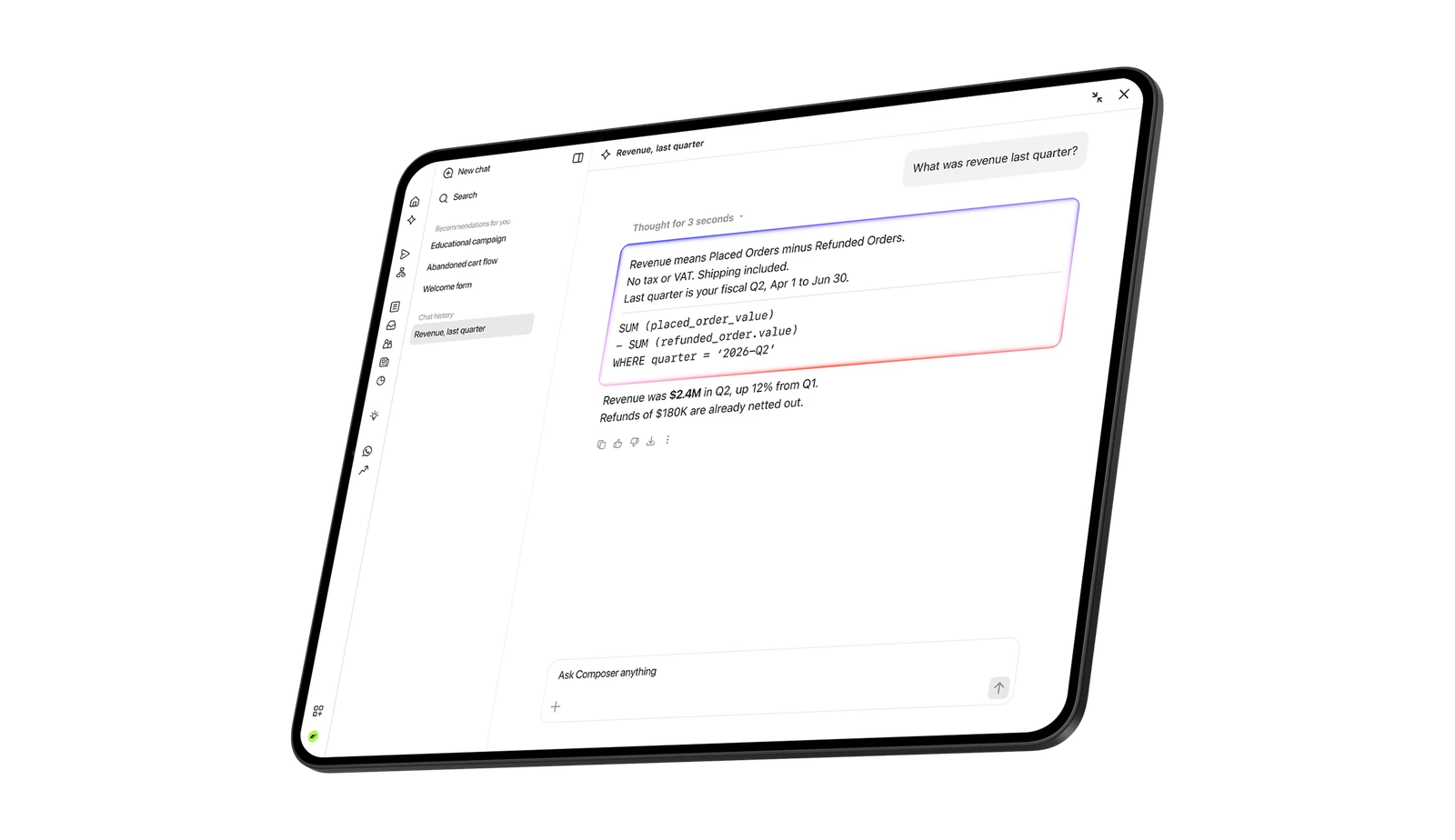 Composer’s public product visual showing a revenue answer alongside its calculation and assumptions.