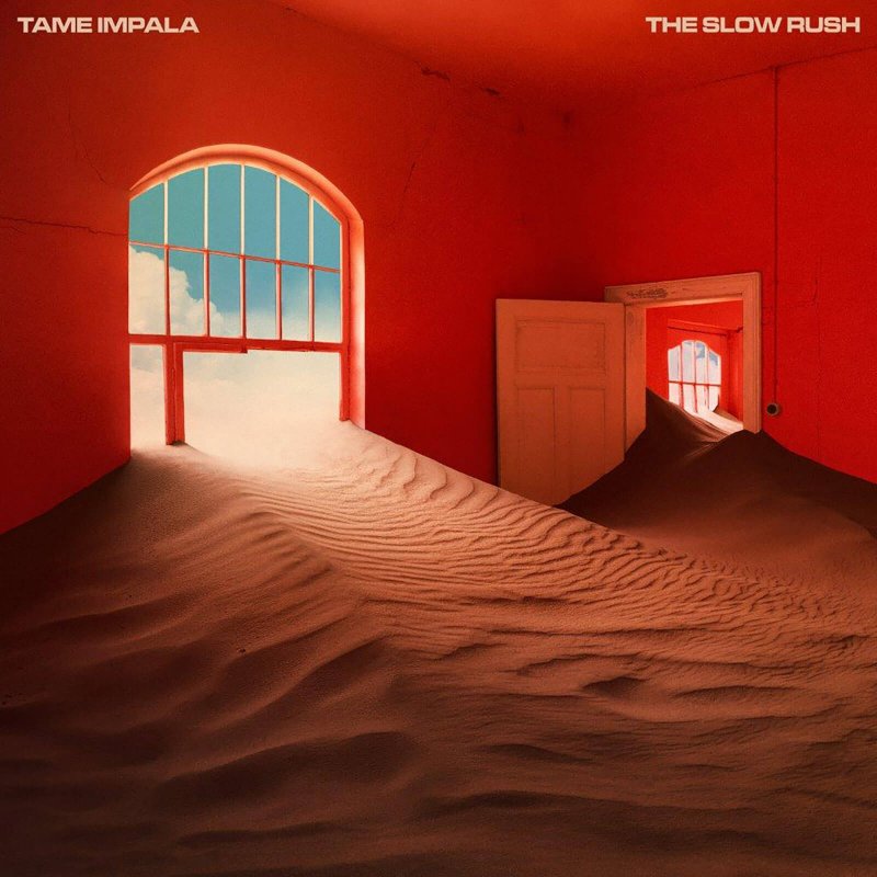 Tame Impala’s The Slow Rush album cover, with a doorway opening onto sand.